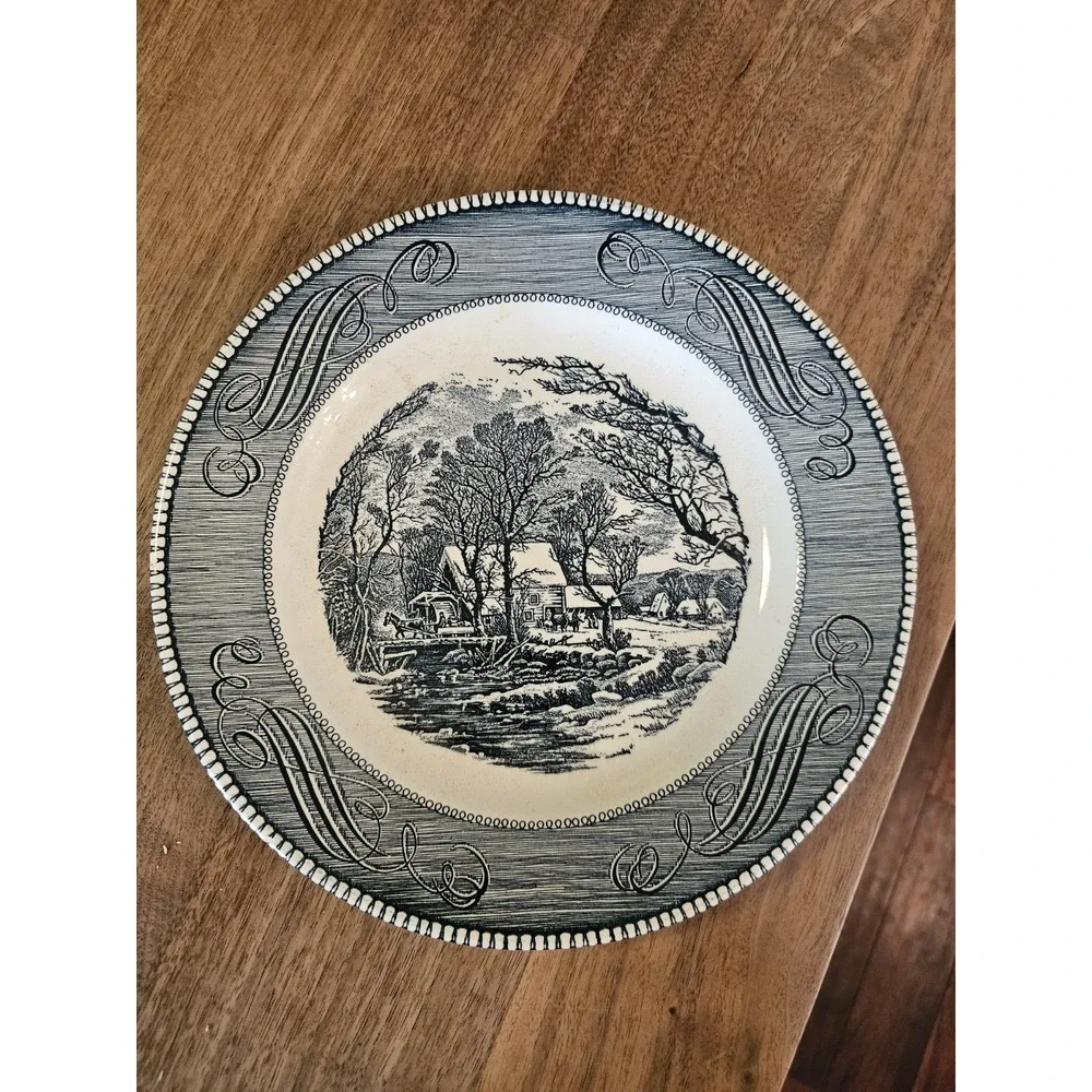 Currier And Ives Cavalier Ironstone China Plate. Navy And White 10 Inch